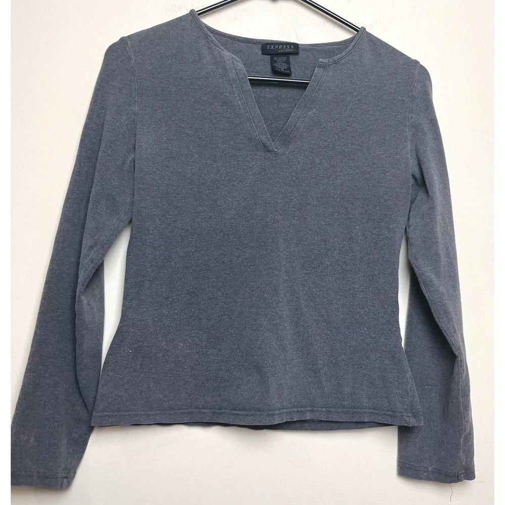 vintage‎ 90s Y2K EXPRESS World Brand Grey V Neck 3/4 Sleeve Shirt M Made In USA